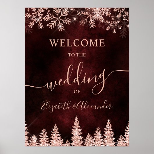 Roos gouden sneeuw met rode kerstwinter bruiloft poster