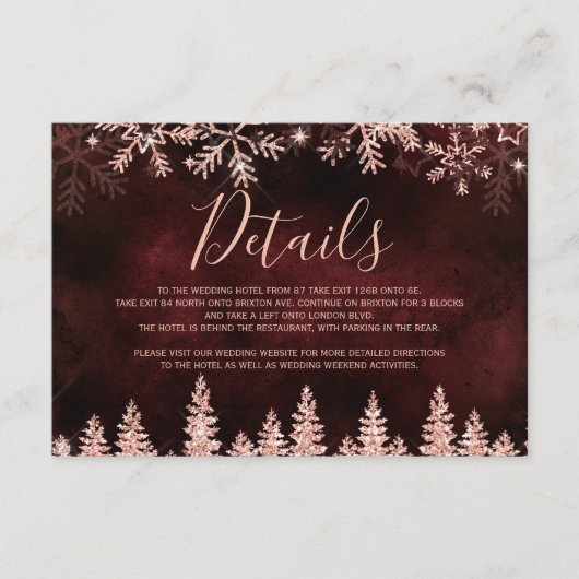 Roos gouden sneeuwdennen rood kerstwinter details informatiekaartje (Voorkant)