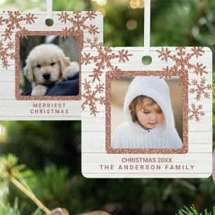 Roos gouden sneeuwvlok 2 foto chique tweezijdig metalen ornament