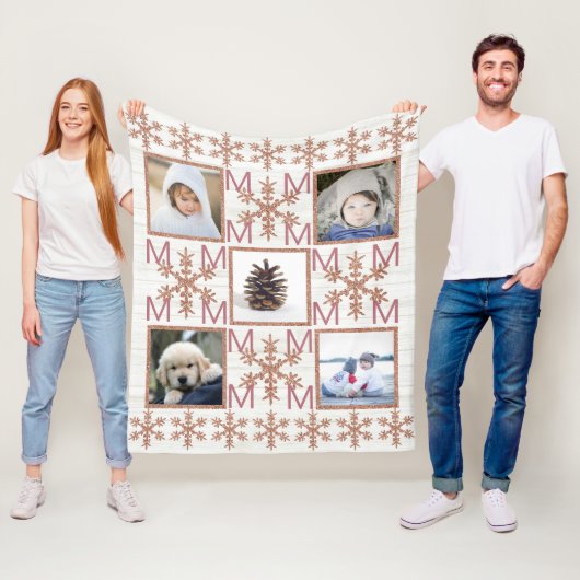 Roos gouden sneeuwvlok optioneel monogram 5 foto fleece deken (In situ)