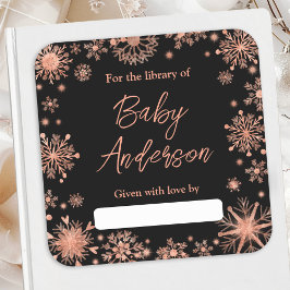 Roos Gouden Sneeuwvlokken Baby shower Bookplate Vierkante Sticker