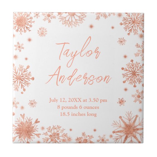 Roos Gouden Sneeuwvlokken op Witte Geboortestatist Tegeltje (Voorkant)