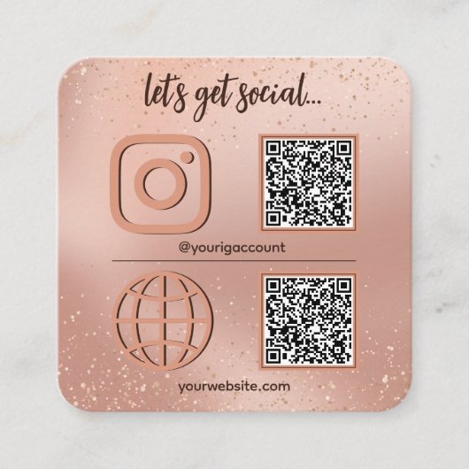 Roos gouden social media teken met QR code Vierkante Visitekaartje (Voorkant)