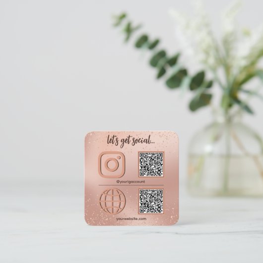 Roos gouden social media teken met QR code Vierkante Visitekaartje (Staand voorkant)