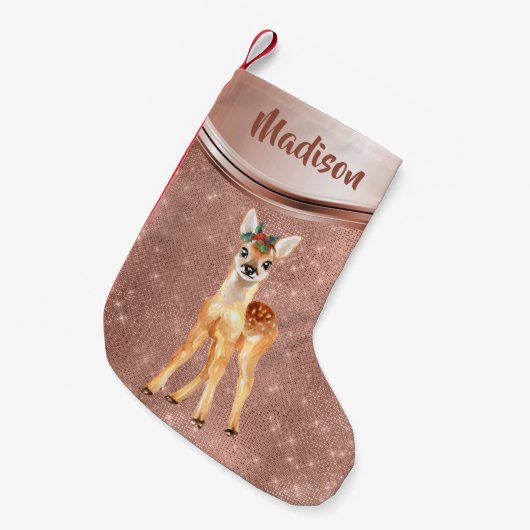 Roos Gouden Sparkle Deer Fawn Gepersonaliseerd Kleine Kerstsok (Voorkant (Hangend))