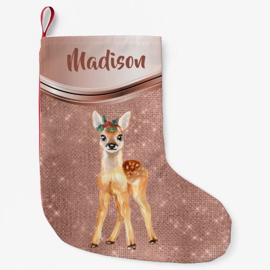 Roos Gouden Sparkle Deer Fawn Gepersonaliseerd Kleine Kerstsok (Voorkant)