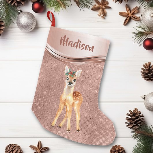Roos Gouden Sparkle Deer Fawn Gepersonaliseerd Kleine Kerstsok