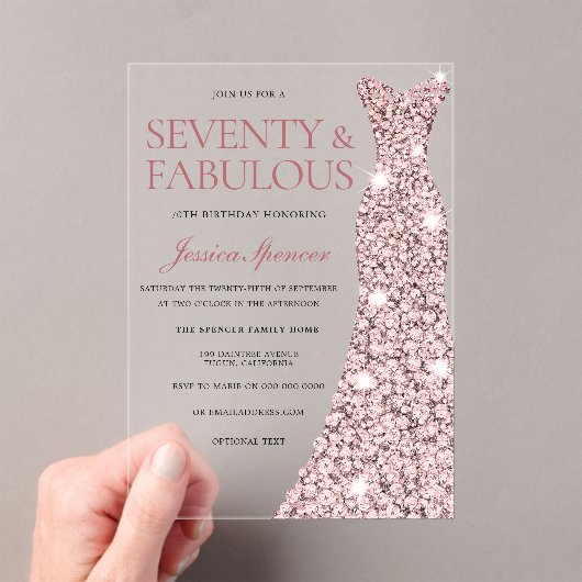 Roos Gouden Sparkle Dress 70ste Verjaardag Acryl Uitnodigingen (Insitu (Draagbaar))