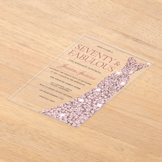 Roos Gouden Sparkle Dress 70ste Verjaardag Acryl Uitnodigingen (Laagn)