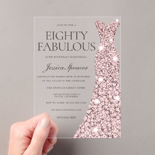 Roos Gouden Sparkle Dress 80ste Verjaardag Acryl Uitnodigingen (Insitu (Draagbaar))