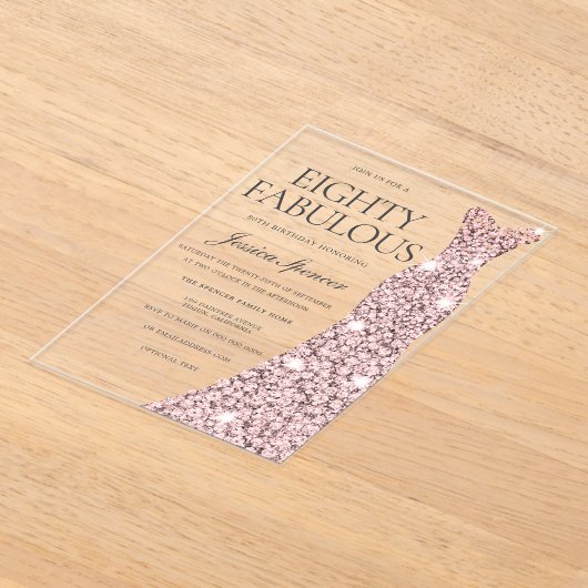 Roos Gouden Sparkle Dress 80ste Verjaardag Acryl Uitnodigingen (Laagn)