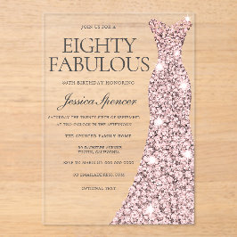 Roos Gouden Sparkle Dress 80ste Verjaardag Acryl Uitnodigingen