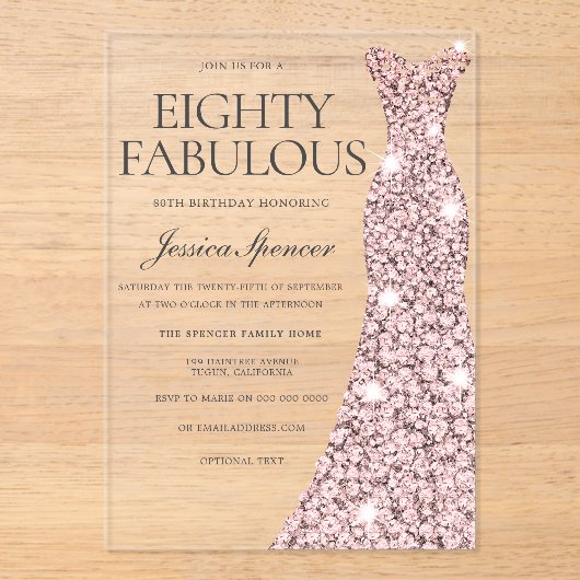 Roos Gouden Sparkle Dress 80ste Verjaardag Acryl Uitnodigingen (Voorkant)