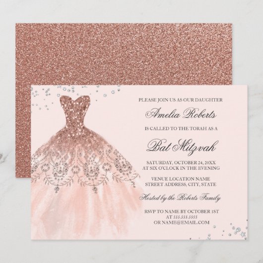Roos Gouden Sparkle Dress Diamond Bat Mitzvah Kaart (Voorkant / Achterkant)