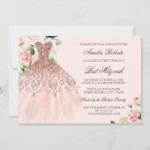 Roos Gouden Sparkle Dress Floral Bat Mitzvah Kaart (Voorkant)