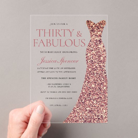 Roos Gouden Sparkle Dress Vrouwen 30ste Verjaardag Acryl Uitnodigingen (Insitu (Draagbaar))