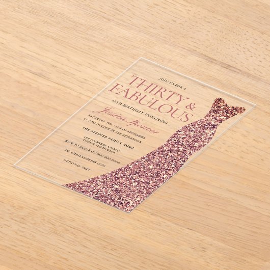 Roos Gouden Sparkle Dress Vrouwen 30ste Verjaardag Acryl Uitnodigingen (Laagn)