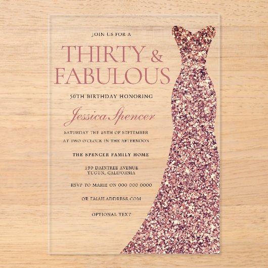 Roos Gouden Sparkle Dress Vrouwen 30ste Verjaardag Acryl Uitnodigingen (Voorkant)