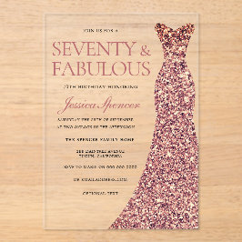 Roos Gouden Sparkle Dress Vrouwen 70ste Verjaardag Acryl Uitnodigingen