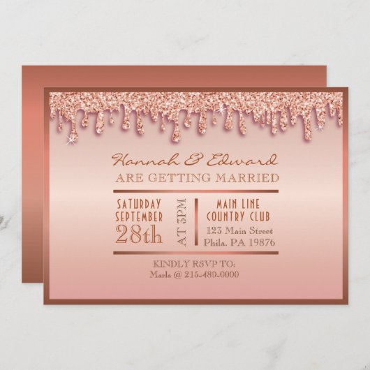 Roos Gouden Sparkle Drippy Drip Bruiloft Kaart (Voorkant / Achterkant)