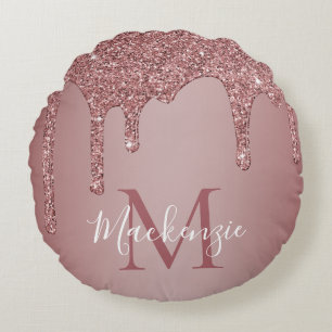 Roos Gouden Sparkle Glitter Drips Monogram Baby Rond Kussen