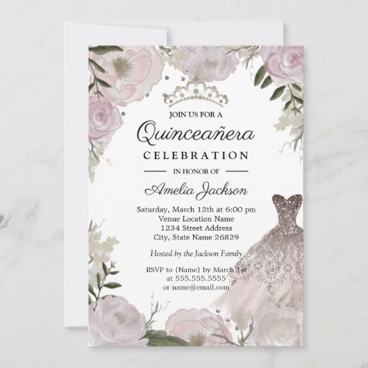 Roos Gouden Sparkle Jurk Bloemen Quinceanera Kaart (Voorkant)