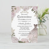 Roos Gouden Sparkle Jurk Bloemen Quinceanera Kaart (Staand voorkant)