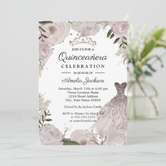 Roos Gouden Sparkle Jurk Bloemen Quinceanera Kaart (Staand voorkant)