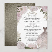 Roos Gouden Sparkle Jurk Bloemen Quinceanera Kaart (Voorkant / Achterkant)