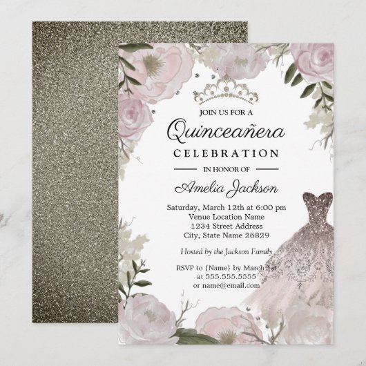 Roos Gouden Sparkle Jurk Bloemen Quinceanera Kaart (Voorkant / Achterkant)