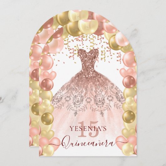 Roos Gouden Sparkle Jurk Quinceañera Balloon Arch Kaart (Voorkant / Achterkant)