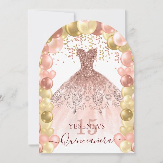 Roos Gouden Sparkle Jurk Quinceañera Balloon Arch Kaart (Voorkant)