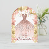 Roos Gouden Sparkle Jurk Quinceañera Balloon Arch Kaart (Staand voorkant)