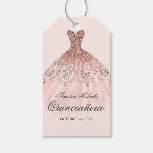 Roos Gouden Sparkle Jurk Quinceanera Labels Cadeaulabel (Voorkant)