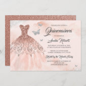 Roos Gouden Sparkle Jurk Waterverf Quinceanera Kaart (Voorkant / Achterkant)