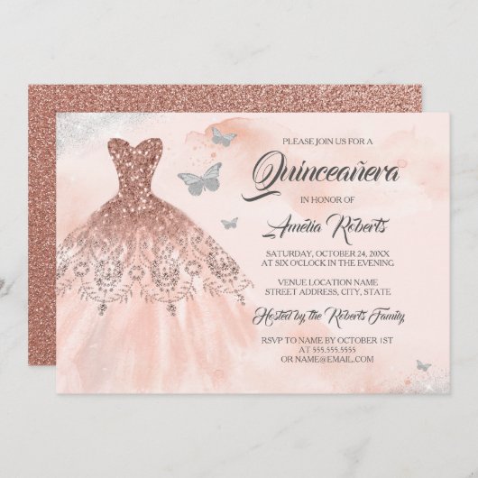 Roos Gouden Sparkle Jurk Waterverf Quinceanera Kaart (Voorkant / Achterkant)