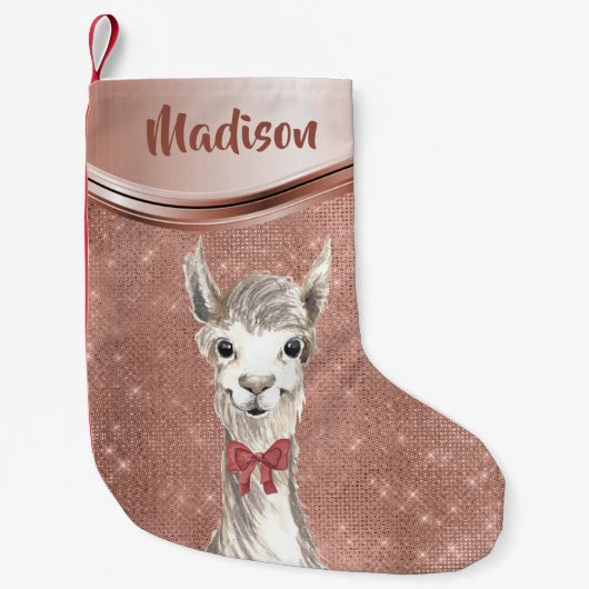 Roos Gouden Sparkle Llama  Gepersonaliseerd Kleine Kerstsok (Voorkant)