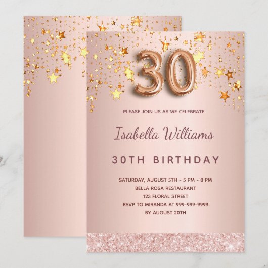 Roos gouden sterren 30e verjaardag kaart (Voorkant / Achterkant)