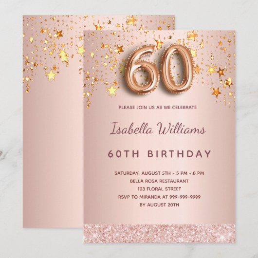 Roos gouden sterren 60e verjaardag kaart (Voorkant / Achterkant)