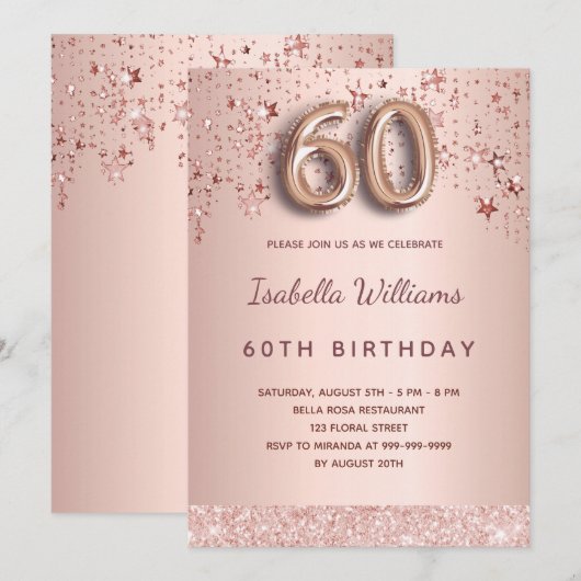 Roos gouden sterren 60e verjaardag kaart (Voorkant / Achterkant)