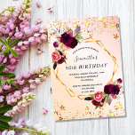 Roos gouden sterren florals verjaardagsuitnodiging magnetische uitnodiging<br><div class="desc">Een uitnodigingsmagneet voor een 50-jarige, 50e (of om het even welke leeftijd) verjaardagsfeestje. Een roos gouden, wazige roze achtergrond met een faux goud geometrisch lijst. Gedemoreerd met donkere paarse en bruine bloemen, rozen en boho-veren. Faux gouden sterren druppelen. Pas een naam en partijdetails aan en voeg deze toe. De naam...</div>