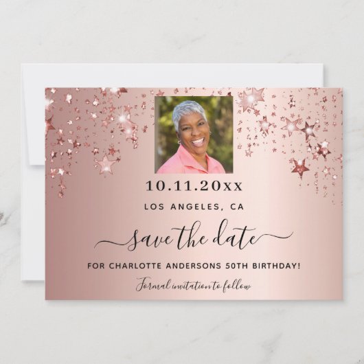 Roos gouden sterren foto Verjaardag Save The Date (Voorkant)