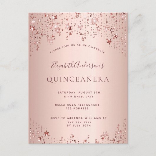 Roos gouden sterren in Quinceanera Briefkaart (Voorkant)