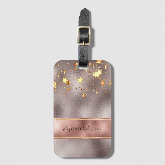 Roos gouden sterren naam elegant bagagelabel (Voorkant (verticaal))