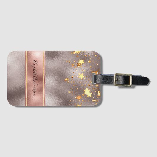 Roos gouden sterren naam elegant bagagelabel (Voorkant (horizontaal))