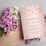 Roos gouden sterren op feestdag kaart<br><div class="desc">Een moderne, stijlvolle en glamoureuze uitnodiging voor het 50ste (of om het even welke leeftijd) verjaardagsfeest van een vrouw. Een faux roos gouden metalen achtergrond met een elegante faux goudtwinkelende sterren van roos. De naam wordt geschreven met een modern donker roos goudkleurig handgeschreven stijlmanuscript met letters. Sjablonen voor je partijgegevens....</div>