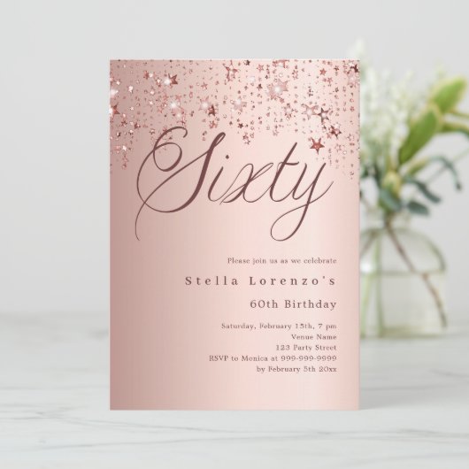 Roos gouden sterren script 60e verjaardag kaart (Staand voorkant)
