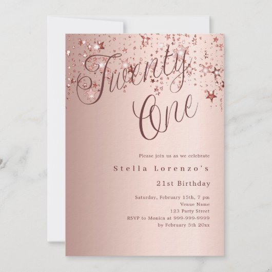 Roos gouden sterren script luxe 21e verjaardag kaart (Voorkant)
