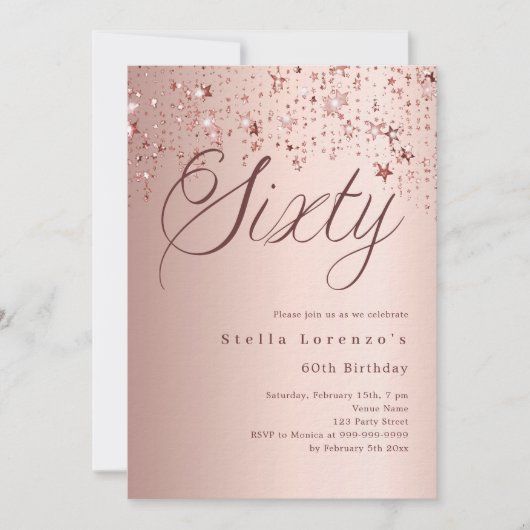 Roos gouden sterren script luxe 60e verjaardag kaart (Voorkant)