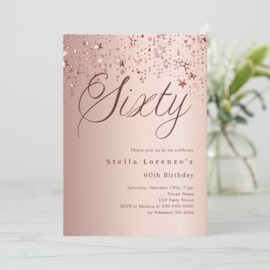 Roos gouden sterren script luxe 60e verjaardag kaart (Staand voorkant)